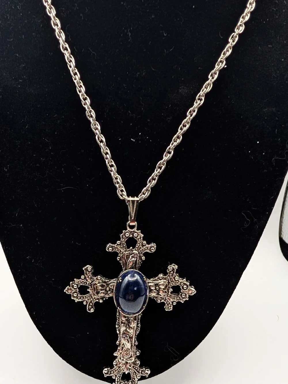 Vintage Navy Stone Silver Cross Pendant Necklace
